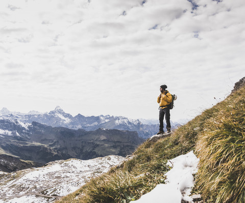 Germany, Bavaria, Oberstdorf, hiker in alpine scenery stock photo