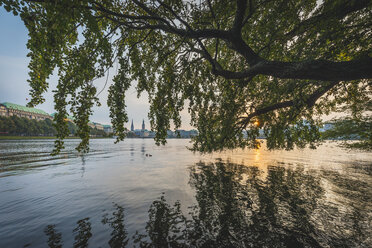 Germany, Hamburg, Binnenalster lake at sunset - KEBF00669