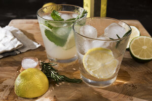 Gläser mit Gin Tonic mit Limette, Minze, Rosmarin und Eis und mit Zitrone, Rosmarin und Eis - CSTF01427
