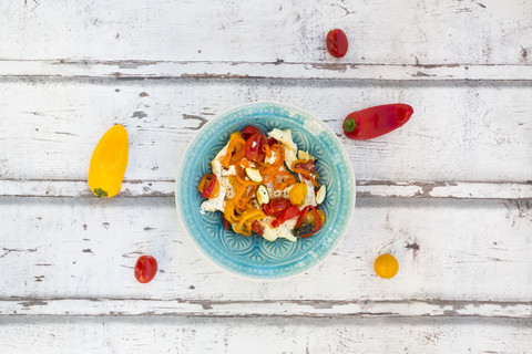 Baked goat cheese with paprika, tomato and zucchini stock photo