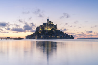 France, Normandy, view to lighted Mont Saint-Michel in the evening - RPSF00006