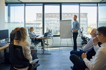 Man leading a presentation at flip chart in office - ZEDF00934