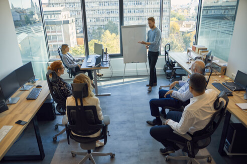 Man leading a presentation at flip chart in office - ZEDF00936