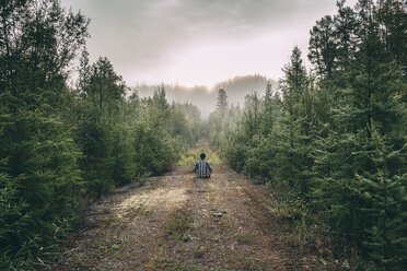 Mann sitzt auf einem Weg im Wald - VPIF00246