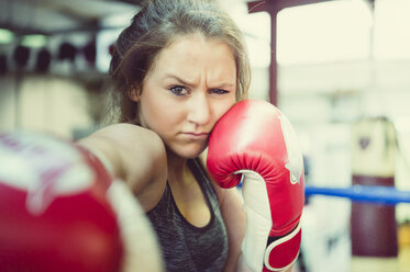 Portrait of a young female boxer punching - FRF00608