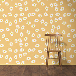 Wallpaper with fried egg pattern, wood chair and wooden floor, 3D Rendering - UWF01295