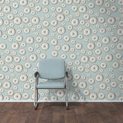 Wallpaper with doughnut pattern, single chair and wooden floor, 3D Rendering - UWF01296