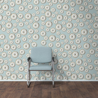 Tapete mit Doughnut-Muster, Einzelsessel und Holzboden, 3D Rendering - UWF01296