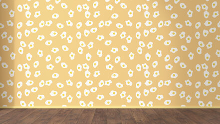 Wallpaper with fried egg pattern and wooden floor, 3D Rendering - UWF01298