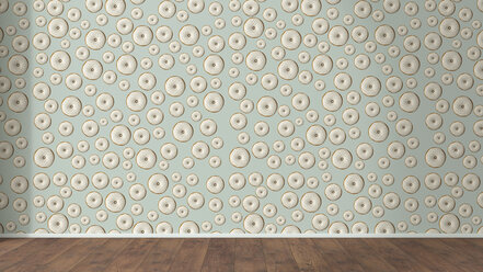 Wallpaper with doughnut pattern and wooden floor, 3D Rendering - UWF01299