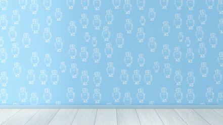 Wallpaper with robot pattern and wooden floor, 3D Rendering - UWF01300