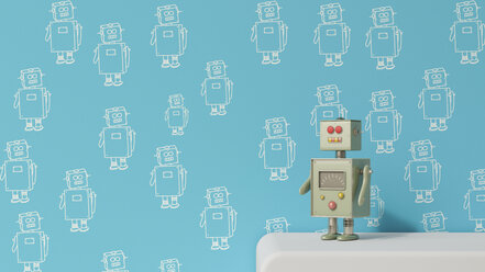 Männlicher Roboter auf Sideboard vor gemusterter Tapete, 3D-Rendering - UWF01301