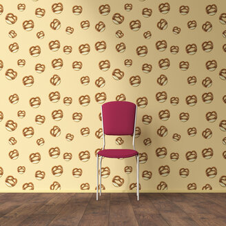 Tapete mit Brezelmuster, einzelner Stuhl und Holzboden, 3D Rendering - UWF01302