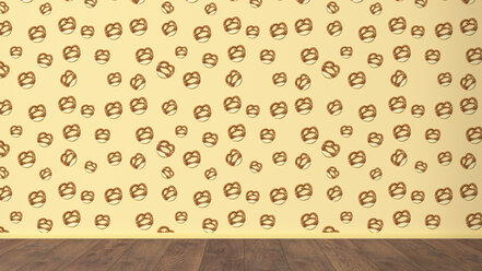 Wallpaper with pretzel pattern and wooden floor, 3D Rendering - UWF01303