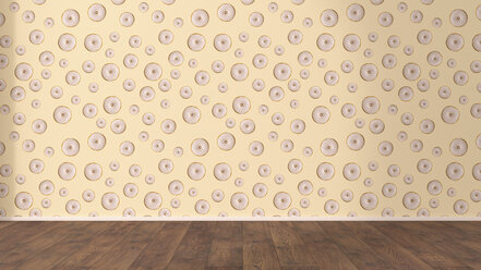Wallpaper with doughnut pattern and wooden floor, 3D Rendering - UWF01304