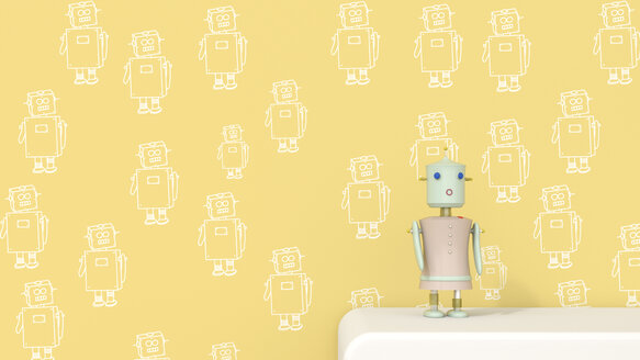 Weiblicher Roboter auf Sideboard vor gemusterter Tapete, 3D-Rendering - UWF01308