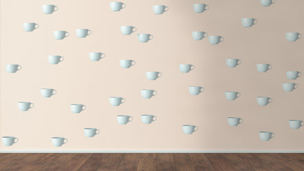 Wallpaper with cup pattern and wooden floor, 3D Rendering - UWF01310