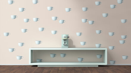 Coffee machine on sideboard in front of wallpaper with cup pattern, 3D Rendering - UWF01311