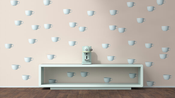 Kaffeemaschine auf Sideboard vor Tapete mit Tassenmuster, 3D Rendering - UWF01311