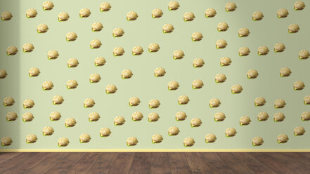 Wallpaper with Hamburger pattern and wooden floor, 3D Rendering - UWF01312