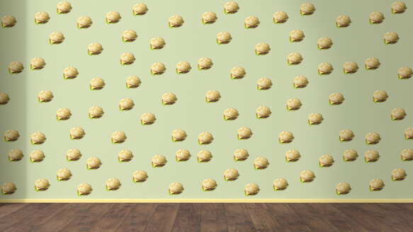 Tapete mit Hamburger Muster und Holzboden, 3D Rendering - UWF01312