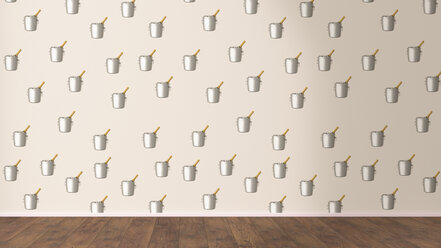 Wallpaper with champagne cooler pattern and wooden floor, 3D Rendering - UWF01313