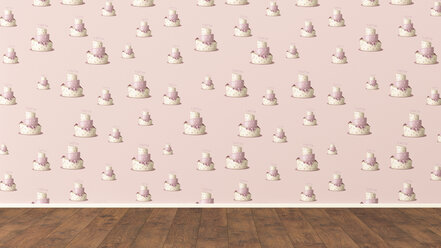 Wallpaper with fancy cake pattern and wooden floor, 3D Rendering - UWF01314