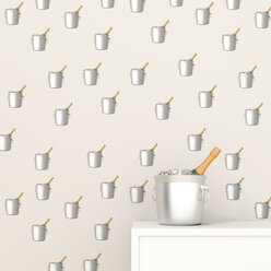 Champagne bottle in cooler in front of wallpaper with champagne cooler pattern, 3D Rendering - UWF01316
