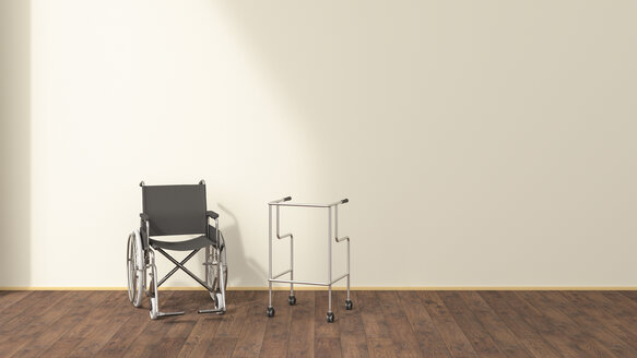 Rollstuhl und Rollator in einem Wartezimmer, 3D-Rendering - UWF01317