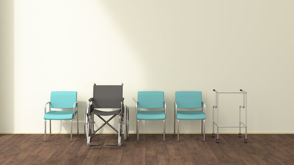 Row of wheelchair, wheeled walker and chairs in a waiting room, 3D rendering - UWF01318