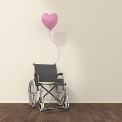 Rollstuhl und rosa Luftballon in einem Wartezimmer, 3D-Rendering - UWF01320
