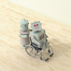 Female robot pushing male robot sitting in wheelchair, 3D rendering - UWF01321