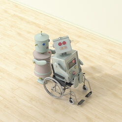 Weiblicher Roboter schiebt männlichen Roboter, der im Rollstuhl sitzt, 3D-Rendering - UWF01321
