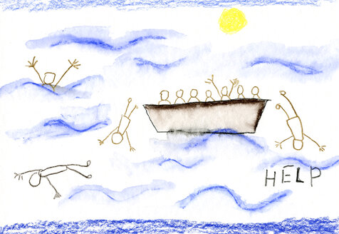 Kinderzeichnung von Menschen auf einem Boot in Seenot - CMF00730