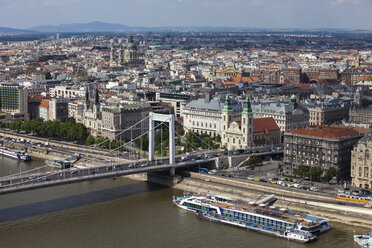 Hungary, Budapest, cityscape of Pest Side, Danube river waterfront with Elisabeth Bridge - ABOF00307