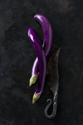 Two Perlina aubergines and an old knife on dark ground - CSF28503