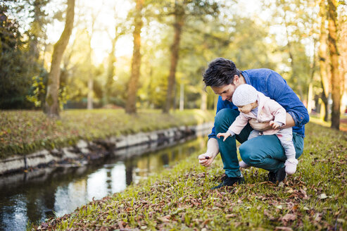 Vater auf Kastaniensuche im Park, mit kleiner Tochter auf dem Schoß - DIGF03184