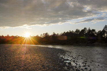 Germany, Bavaria, Geretsried, Nature Reserve Isarauen, Isar river at sunset - SIEF07608