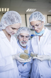 Three scientists in lab examining seed sample - WESTF23691