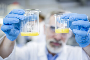 Scientist in lab holding up two beakers with liquid - WESTF23703