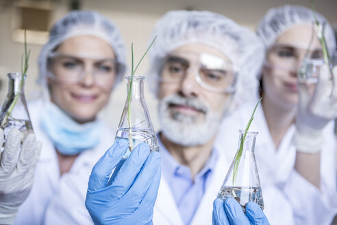 Wissenschaftler im Labor halten Becher mit Pflanzensetzlingen - WESTF23759