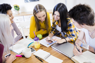 Eine Gruppe von Studentinnen teilt sich ein Handy am Tisch zu Hause - GIOF03380