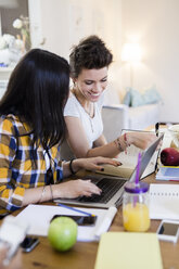 Zwei Studentinnen arbeiten gemeinsam an einem Tisch zu Hause - GIOF03382