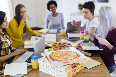 Gruppe junger Frauen, die zu Hause lernen und Pizza essen - GIOF03392