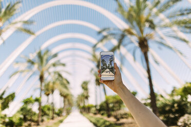 Spain, Valencia, Ciudad de las Artes y de Las Ciencias, L'Umbracle, woman taking cell phone picture at palm garden - JPF00299