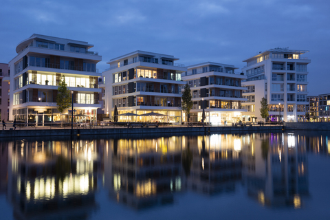 Germany, North Rhine-Westphalia, Dortmund-Hoerde, Phoenix Lake, Residential houses, blue hour stock photo