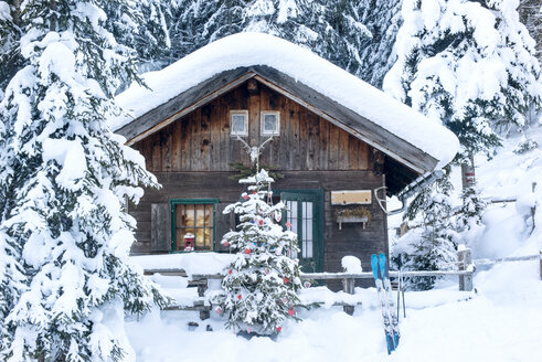 Österreich, Altenmarkt-Zauchensee, Weihnachtsbaum am Holzhaus im Schnee - HHF05527