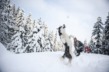 Austria, Altenmarkt-Zauchensee, young woman with dog in winter forest - HHF05532