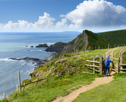 Großbritannien, England, Devon, Hartland, Hartland Quay, Wanderin öffnet Tor, Küstenweg - SIEF07617