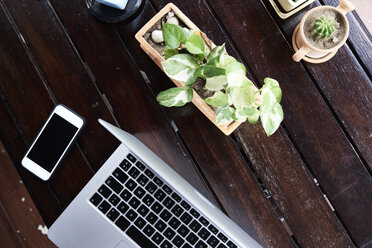 Overhead view of cell phone and laptop on wooden table with plants - IGGF00209